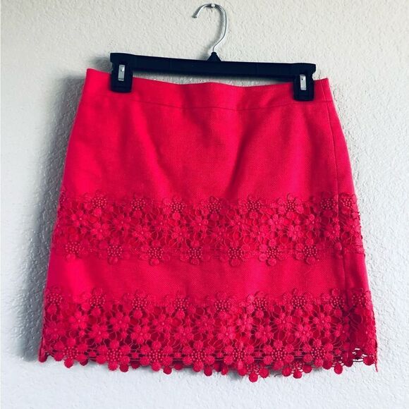 J. Crew Coral Red Eyelet Floral Lace Skirt 00 - Picture 1 of 4